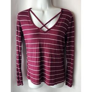 WOMENS CHARM LONG SLEEVED‎ MAROON STRIPED SHIRT M